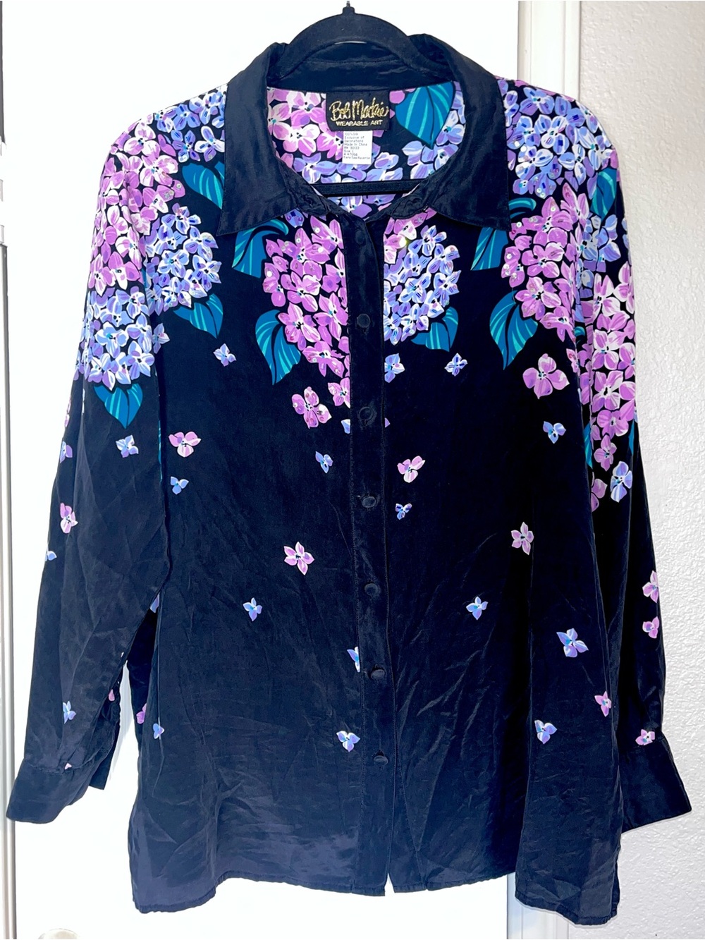Bob Mackie Wearable Art  Hydrangeas Black, Purple & Pink Silk Blouse Size Large